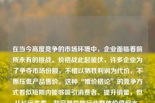 在当今高度竞争的市场环境中，企业面临着前所未有的挑战。价格战此起彼伏，许多企业为了争夺市场份额，不惜以牺牲利润为代价，不断压低产品售价。这种“唯价格论”的竞争方式看似短期内能够吸引消费者、提升销量，但从长远来看，却容易导致行业整体价值缩水、品牌信任度下降，甚至陷入恶性循环。在这样的背景下，我们始终坚持“价值导向”而非“单纯价格竞争”的发展理念，不仅是一种战略选择，更是一种对品质、责任与未来的承诺。